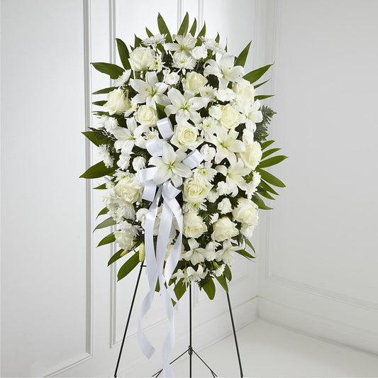 Exquisite Tribute Standing Spray-White Ribbon